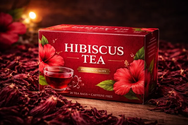 Caja de té de jamaica rodeada de flor de Jamaica seca